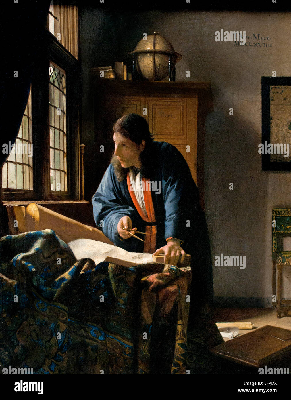 Il geografo 1669 Johannes Jan Vermeer Dutch Delft 1632–1675 Delft Netherlands (pittore olandese nell'età dell'oro, uno dei più grandi pittori, 17th ° secolo. senza tempo, momenti assennati, rimane enigmatica, inimitabile combinazione di colori e contenuto luminoso sconcertante) Foto Stock