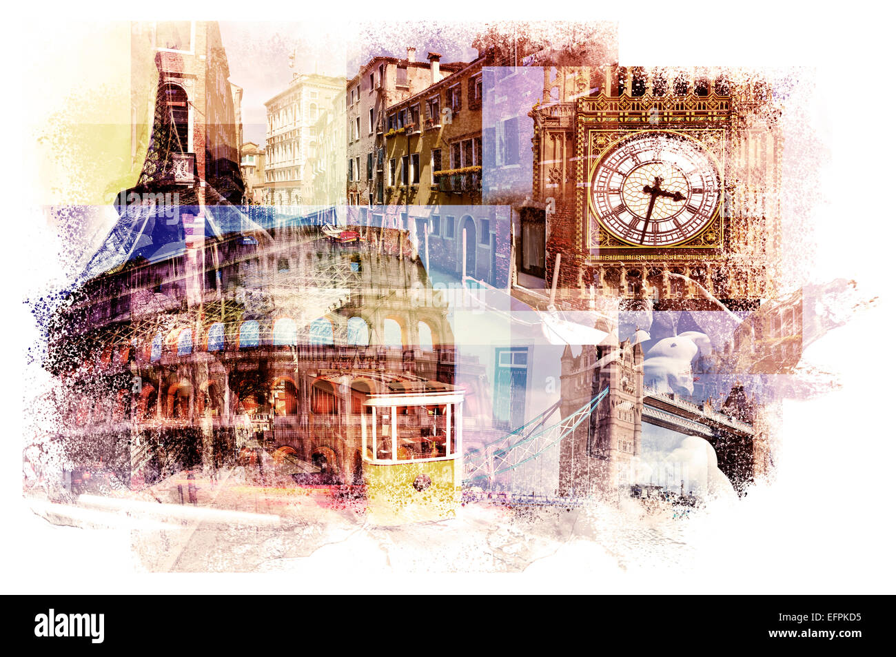 Esposizioni multiple di diversi punti di riferimento europeo come il Big Ben a Londra la Torre Eiffel a Parigi, il Colosseo nella ROM Foto Stock