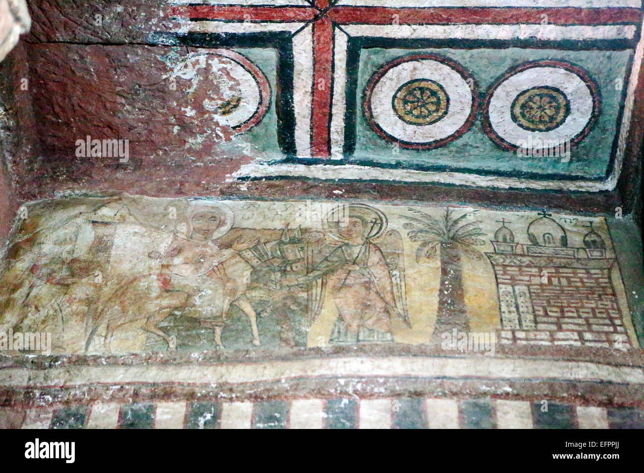 Fuga in Egitto, pittura medievale di scommessa Mariam chiesa, Lalibela, Amhara Region, Etiopia Foto Stock
