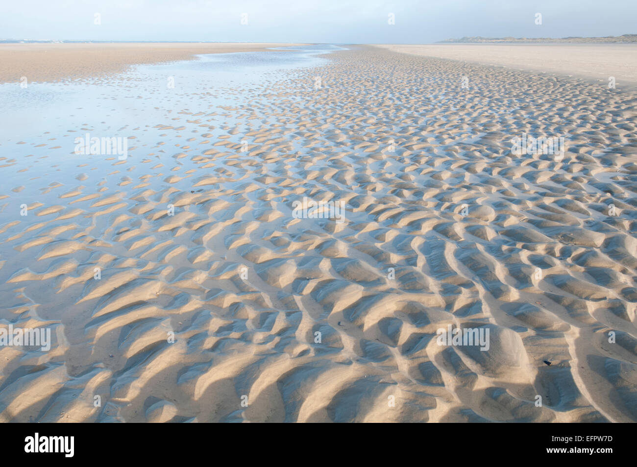 Spiaggia del Mare del Nord con acqua acceso spento a marea calante, Langeoog, Frisia orientale, Bassa Sassonia, Germania Foto Stock