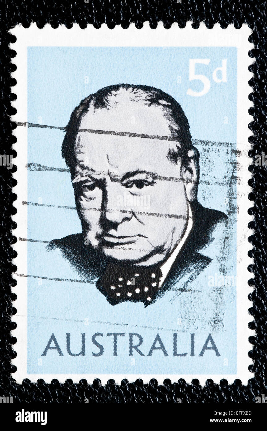 Timbro australiano in rappresentanza di Winston Churchill ritratto, rilasciato nel maggio 1965. Foto Stock