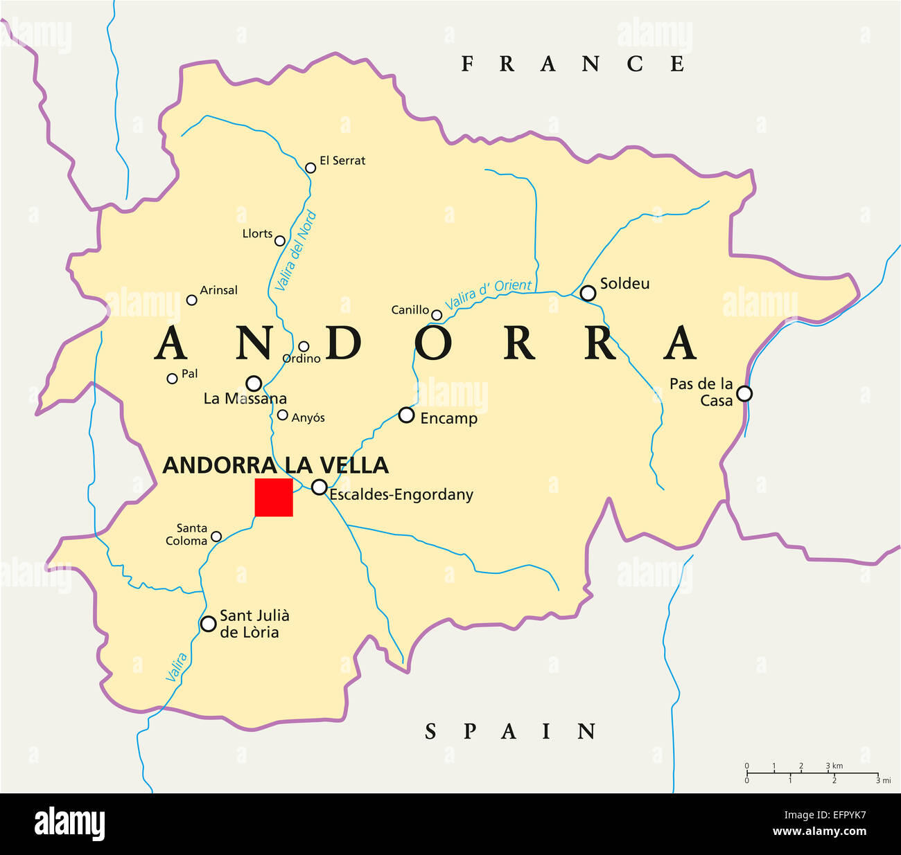 Andorra Mappa politico con capitale Andorra la Vella, confini nazionali importanti città e fiumi. Etichetta inglese e la scalabilità Foto Stock