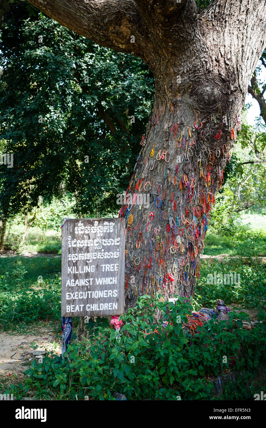 La struttura ad albero contro cui il boia battere i bambini, Killing Fields, Phnom Penh Cambogia. Foto Stock