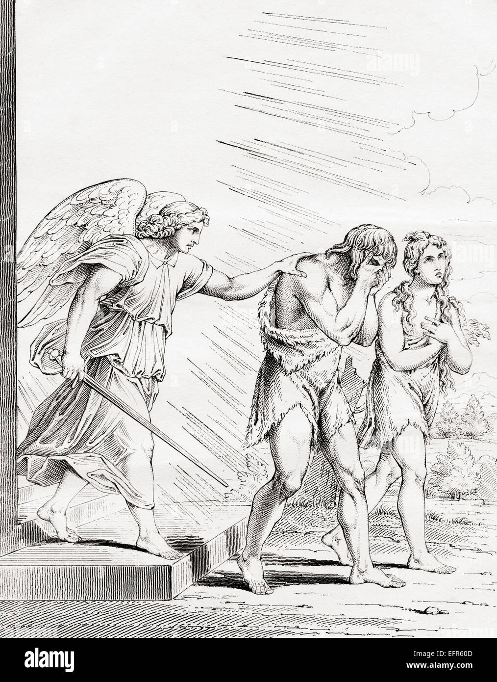 Adamo ed Eva cacciati di paradiso. Da un secolo xix stampa dopo il dipinto di Raffaello Sanzio da Urbino Foto Stock