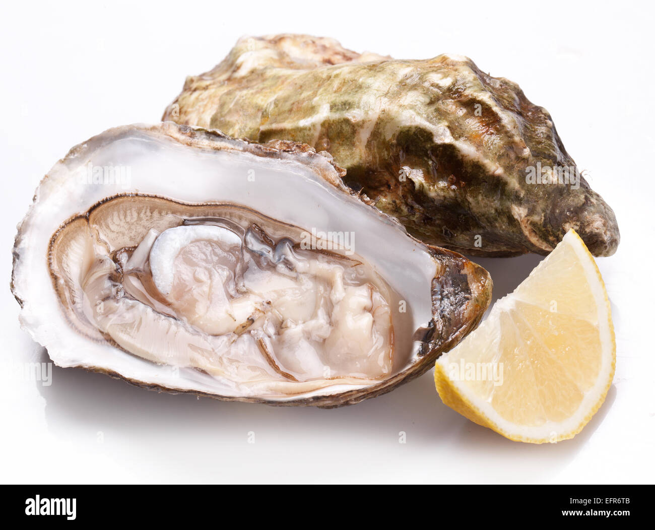 Materie oyster e limone isolata su uno sfondo bianco. Foto Stock