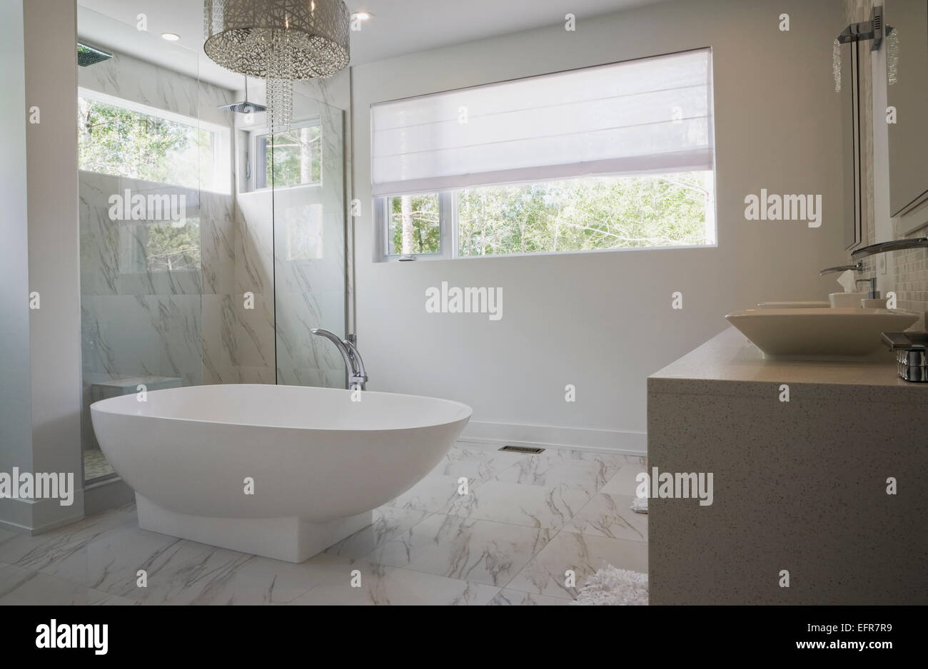 Interior design moderno bagno lussuoso con vasca e pareti di vetro doccia Foto Stock