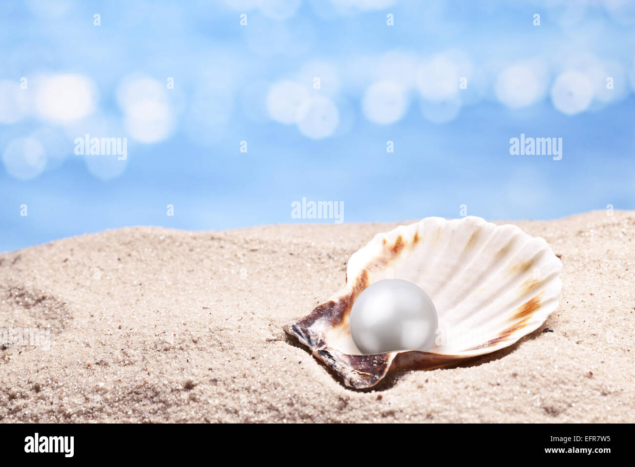 Guscio con una perla in un mare di sabbia. Foto Stock