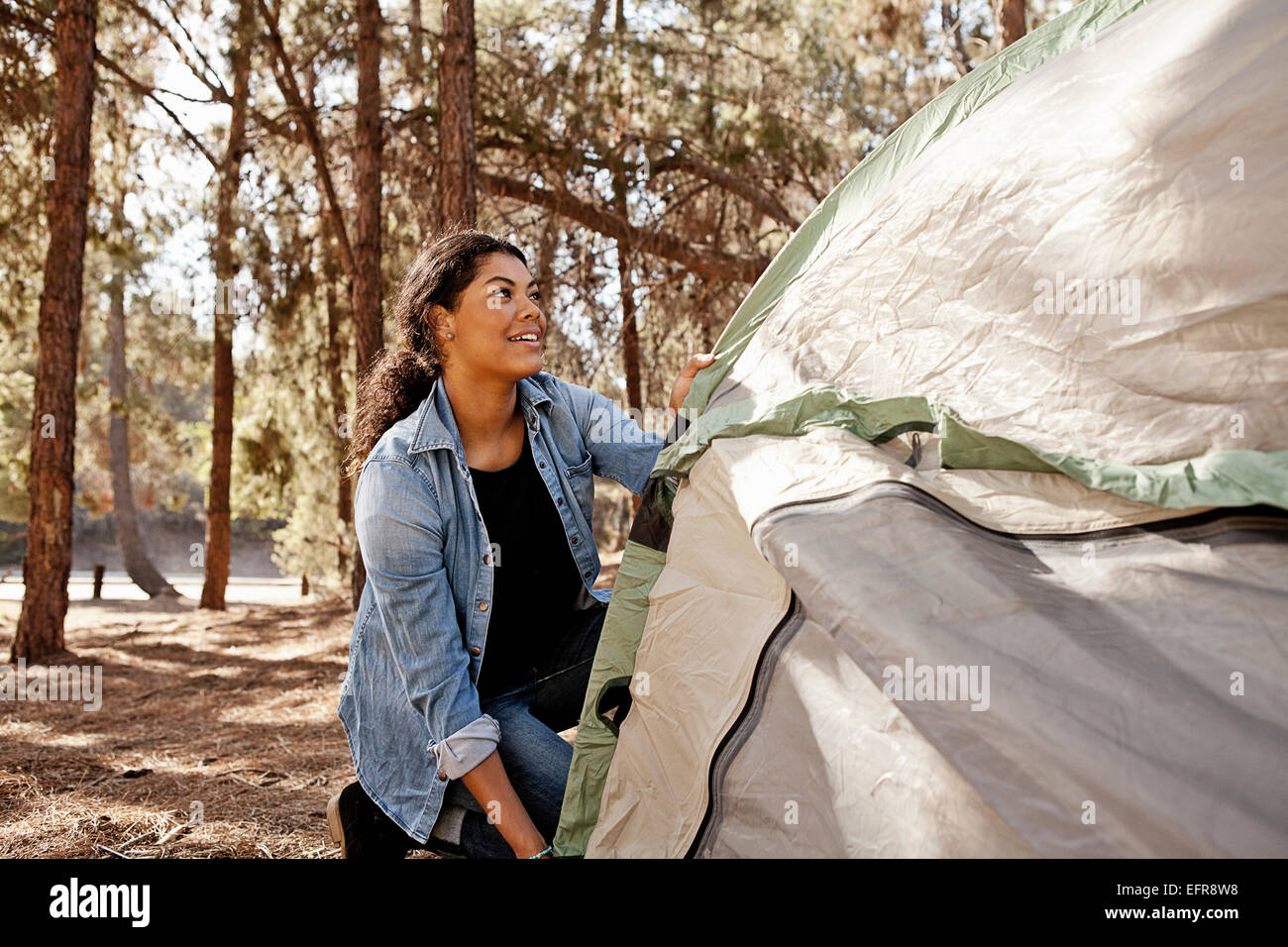 Giovane donna nella foresta mettendo a tenda Foto Stock