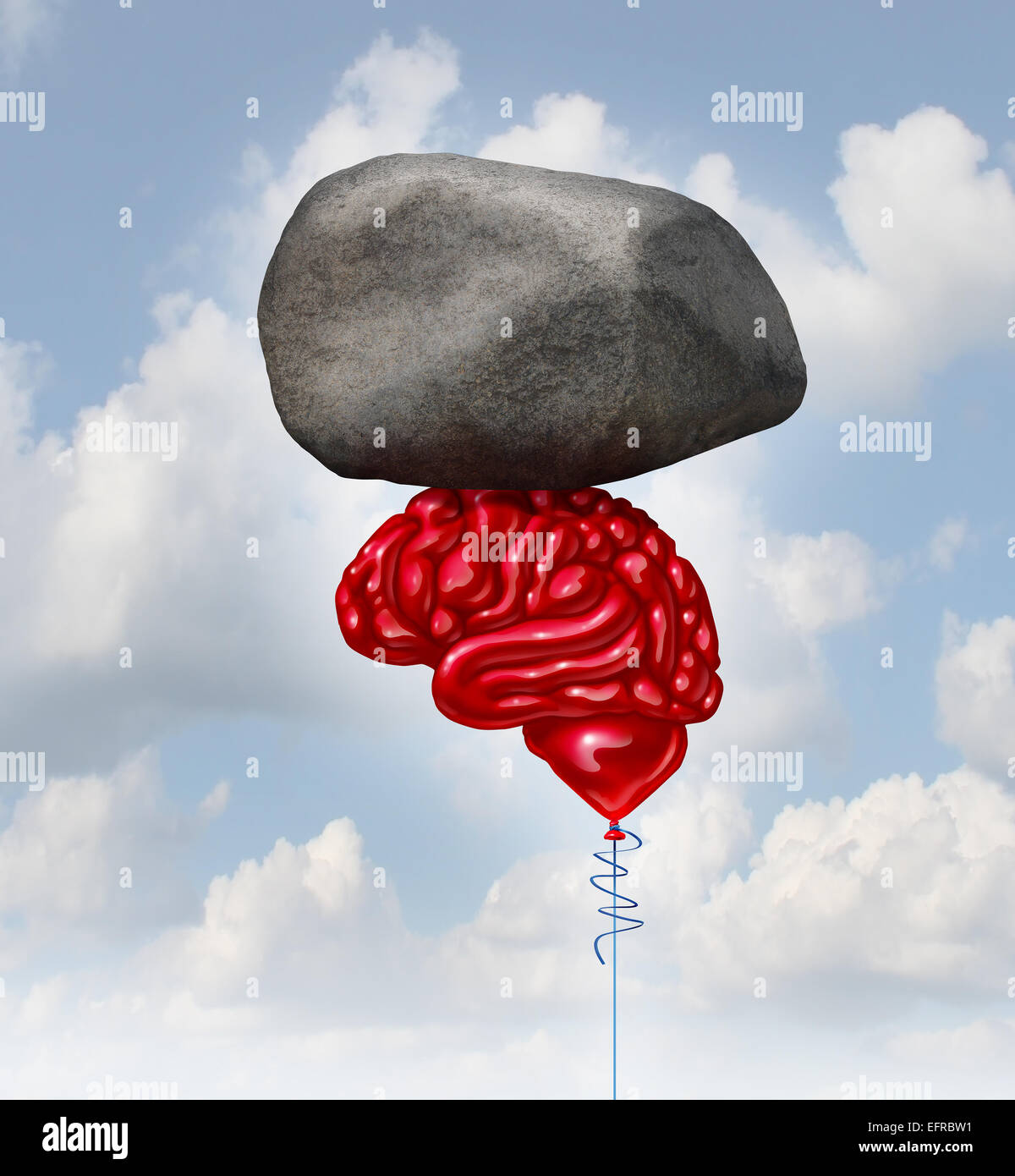 Brain power nozione come un palloncino rosso a forma di un pensiero umano organ solleva un heavy rock come un simbolo e la salute mentale metafora potente creatve intelligenza e memoria. Foto Stock