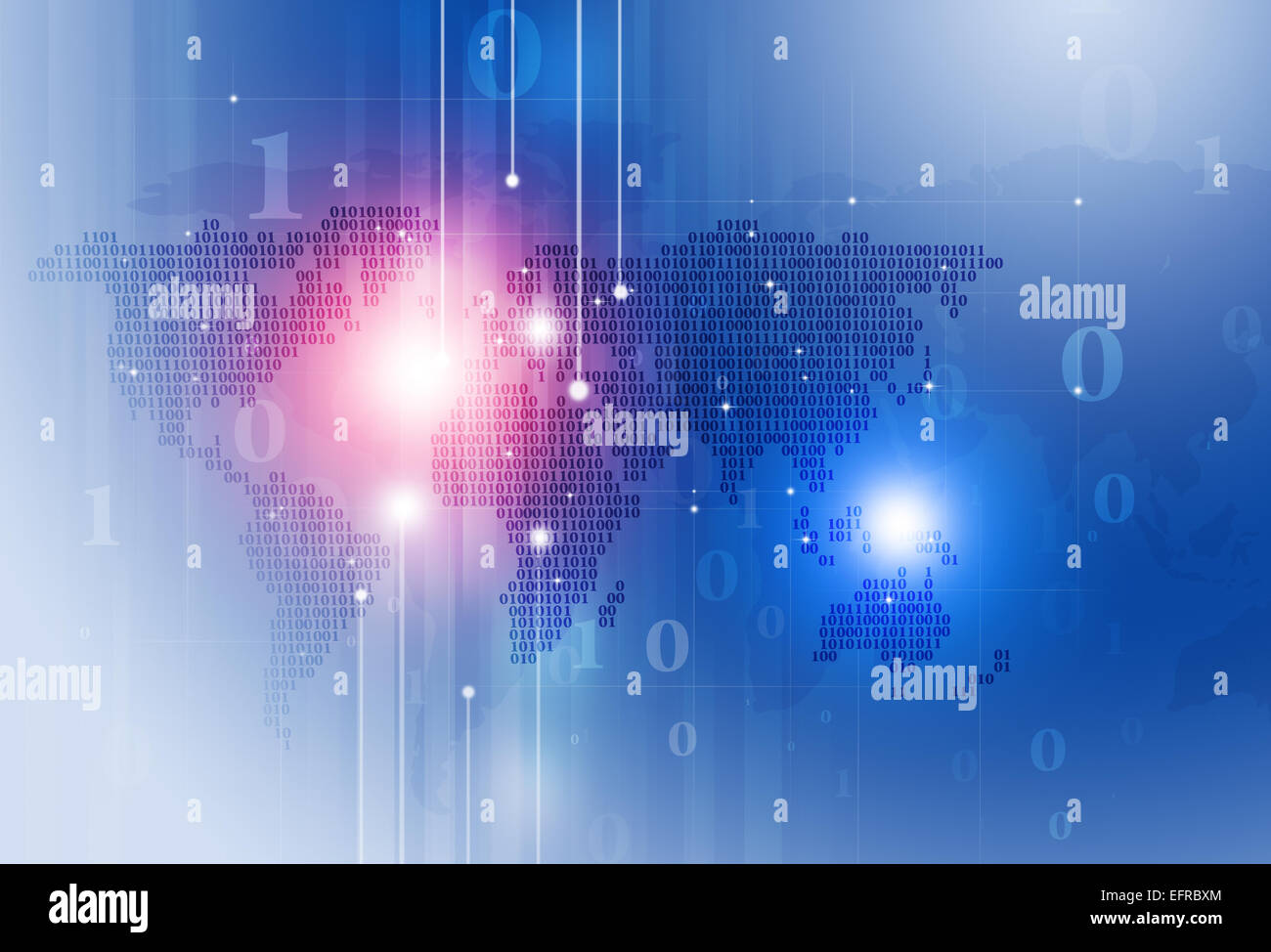 Tecnologia astratta codice binario mappa del mondo su sfondo blu Foto Stock