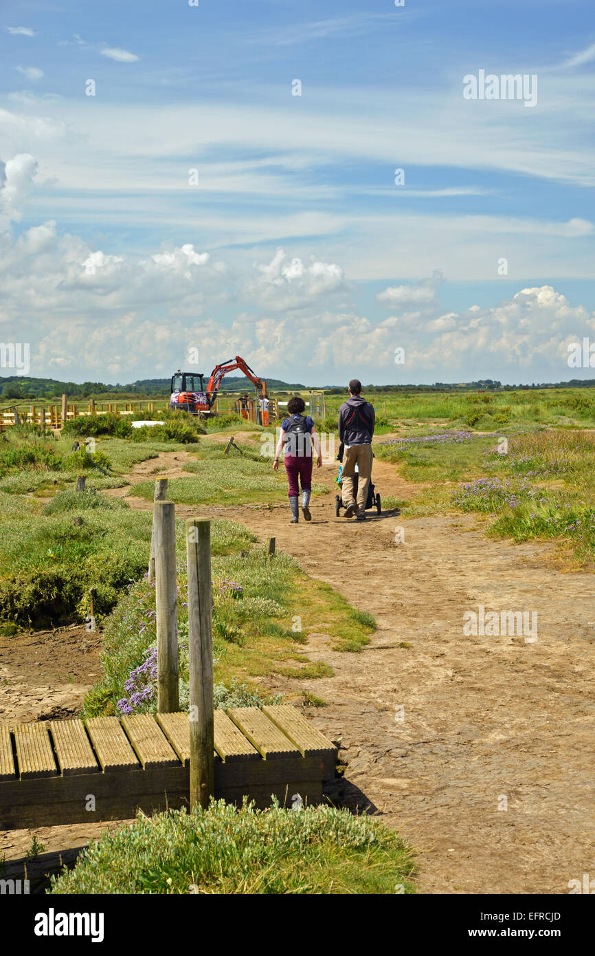 Famiglia giovane camminando lungo il sentiero in North Norfolk REGNO UNITO Foto Stock