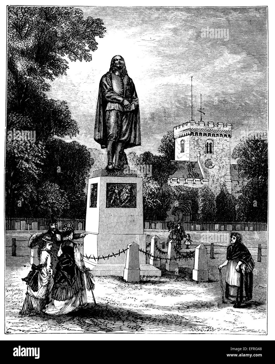 Statua di John Bunyan, Bedford, Regno Unito, dal libro "English immagini disegnate con penna e matita" pubblicato a Londra ca. 1870. Foto Stock