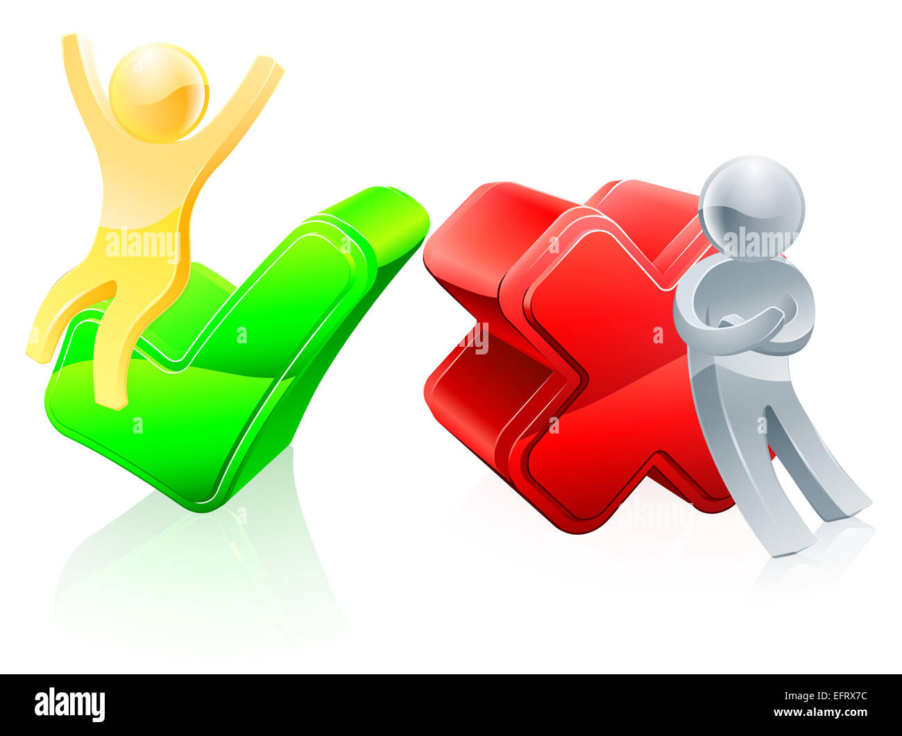 Tick e croce mascotte, oro uomo su tick, argento appoggiata sulla croce. Concetto di voto Foto Stock