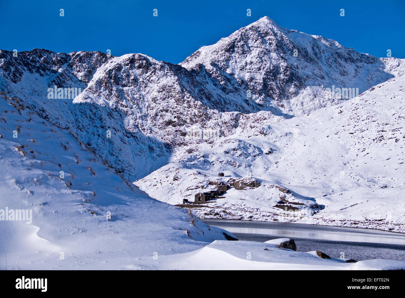 Snowdon, la montagna più alta in Inghilterra e nel Galles a 1.085 metri (3,560 ft) , in condizioni invernali Foto Stock