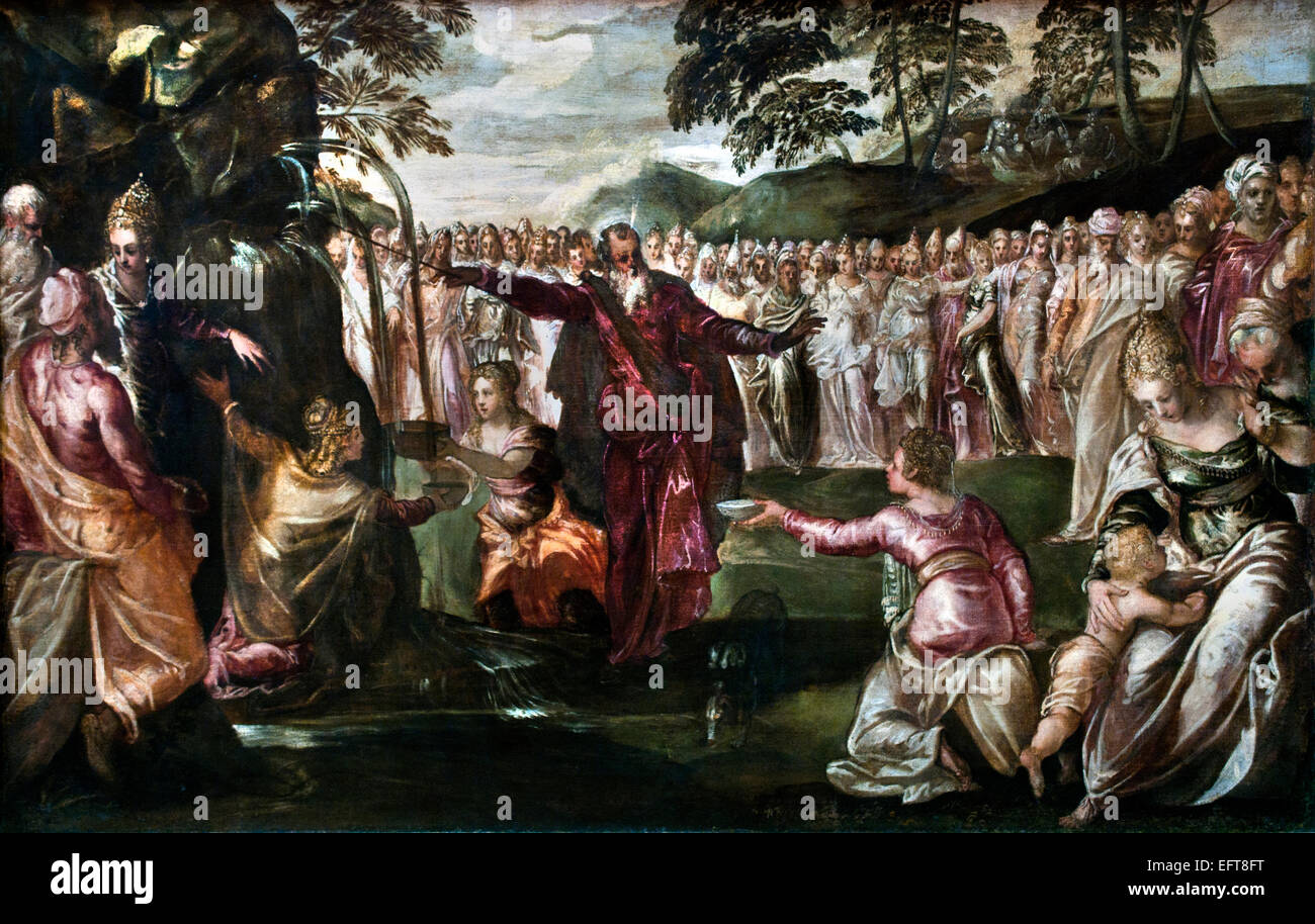 Mosè che colpisce la roccia 1555 Tintoretto ( Jacopo Comin ) 1518 – 1594 pittore italiano scuola rinascimentale Venezia Italia Italiano Jacopo Comin , Jacopo ROBUSTI, Foto Stock