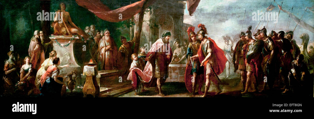 Enea che arrivano nel Lazio 1760 Johann Andreas Herrlein 1723 - 1796 pittore tedesco in Germania ( In Greco mitologia romana, Enea era un eroe di Troia, il figlio del principe Anchise e della dea Venere (Afrodite) Foto Stock