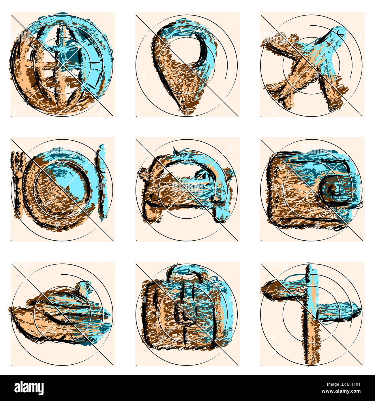 Icone di viaggio isolato su uno sfondo bianco Foto Stock