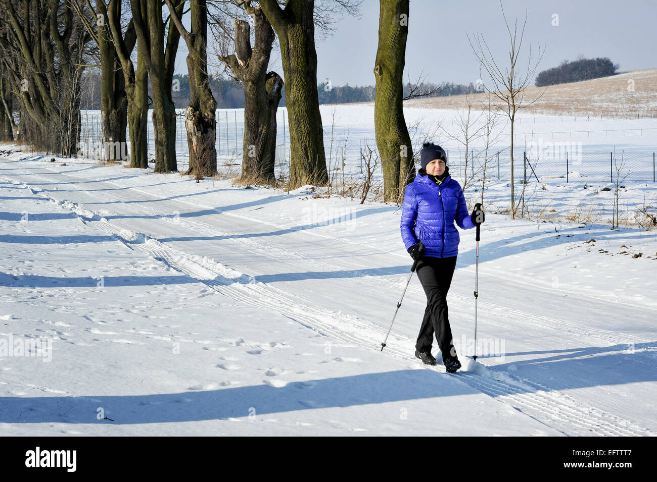 Donna treno nordic walking Foto Stock