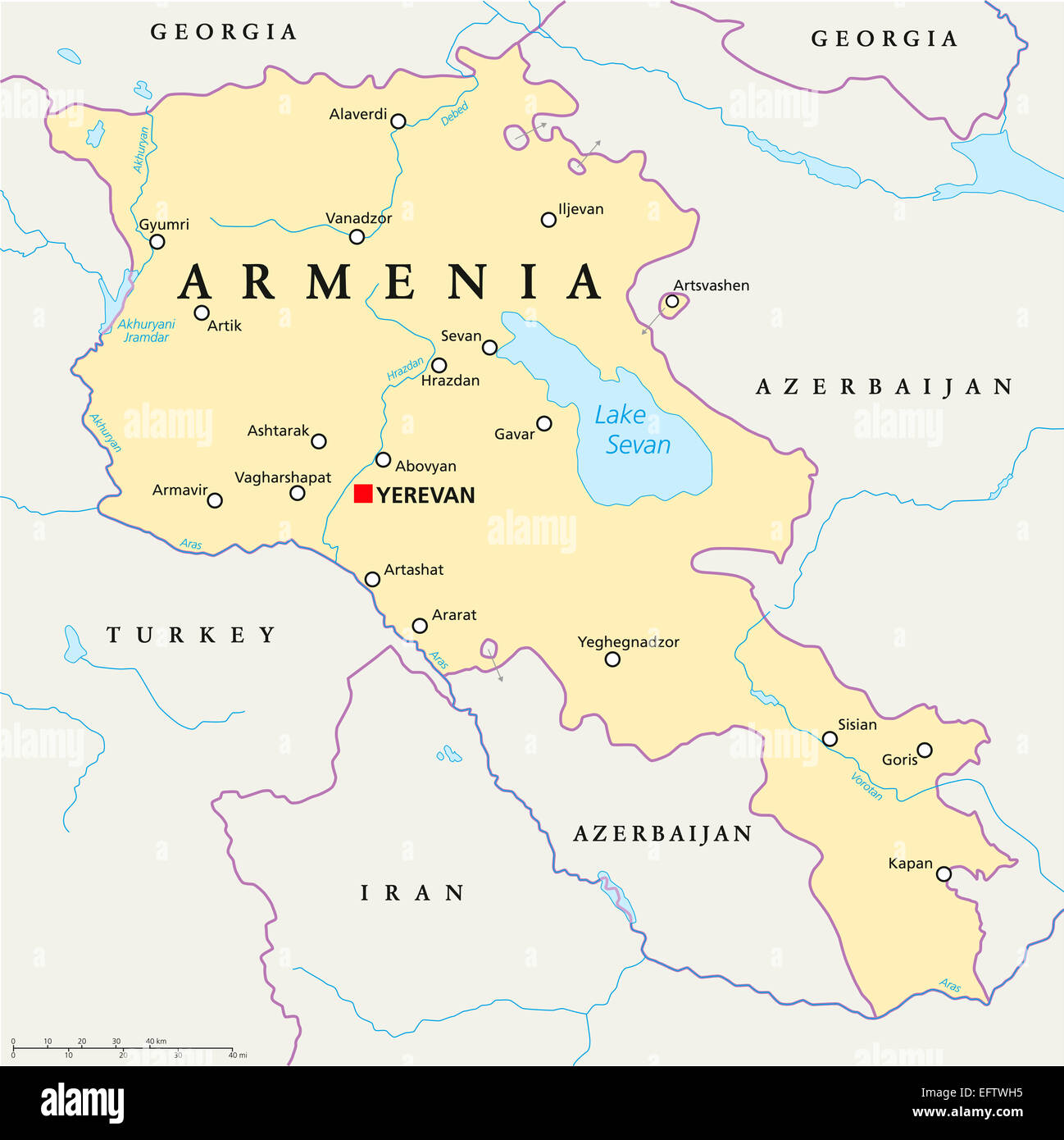 Armenia Mappa Politico con capitale Yerevan, confini nazionali