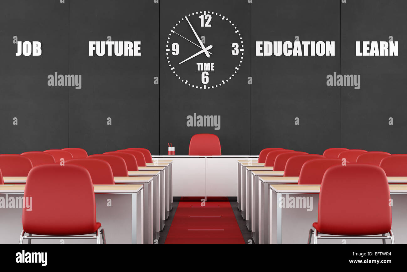 Classe contemporaneo senza gli studenti con una grande lavagna - 3D Rendering Foto Stock