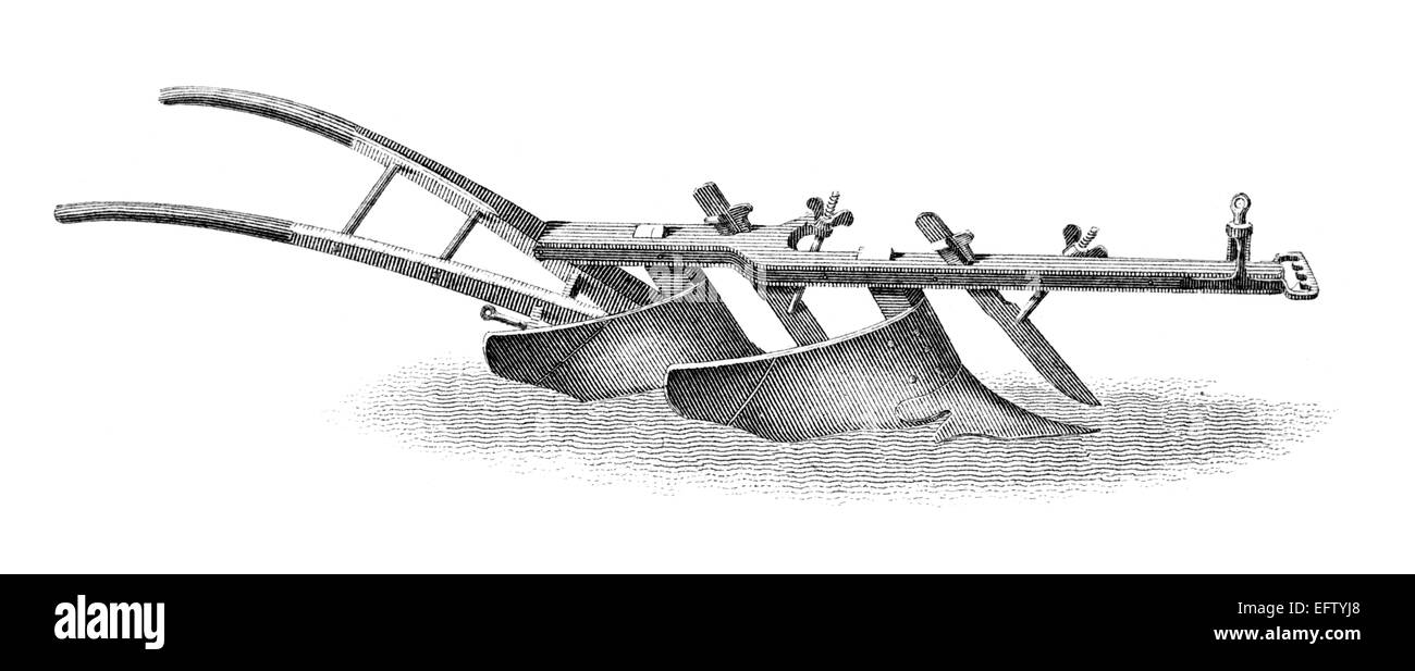 Incisione in stile vittoriano di un aratro. Restaurata digitalmente immagine da una metà del XIX secolo enciclopedia. Foto Stock