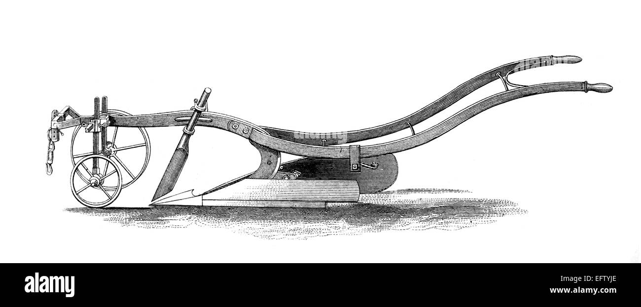 Incisione in stile vittoriano di un aratro. Restaurata digitalmente immagine da una metà del XIX secolo enciclopedia. Foto Stock