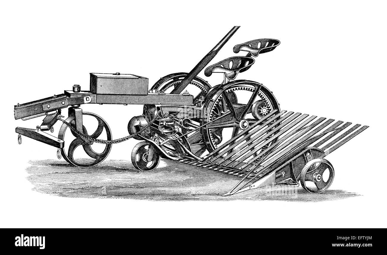 Incisione in stile vittoriano di un tosaerba reaper. Restaurata digitalmente immagine da una metà del XIX secolo enciclopedia. Foto Stock