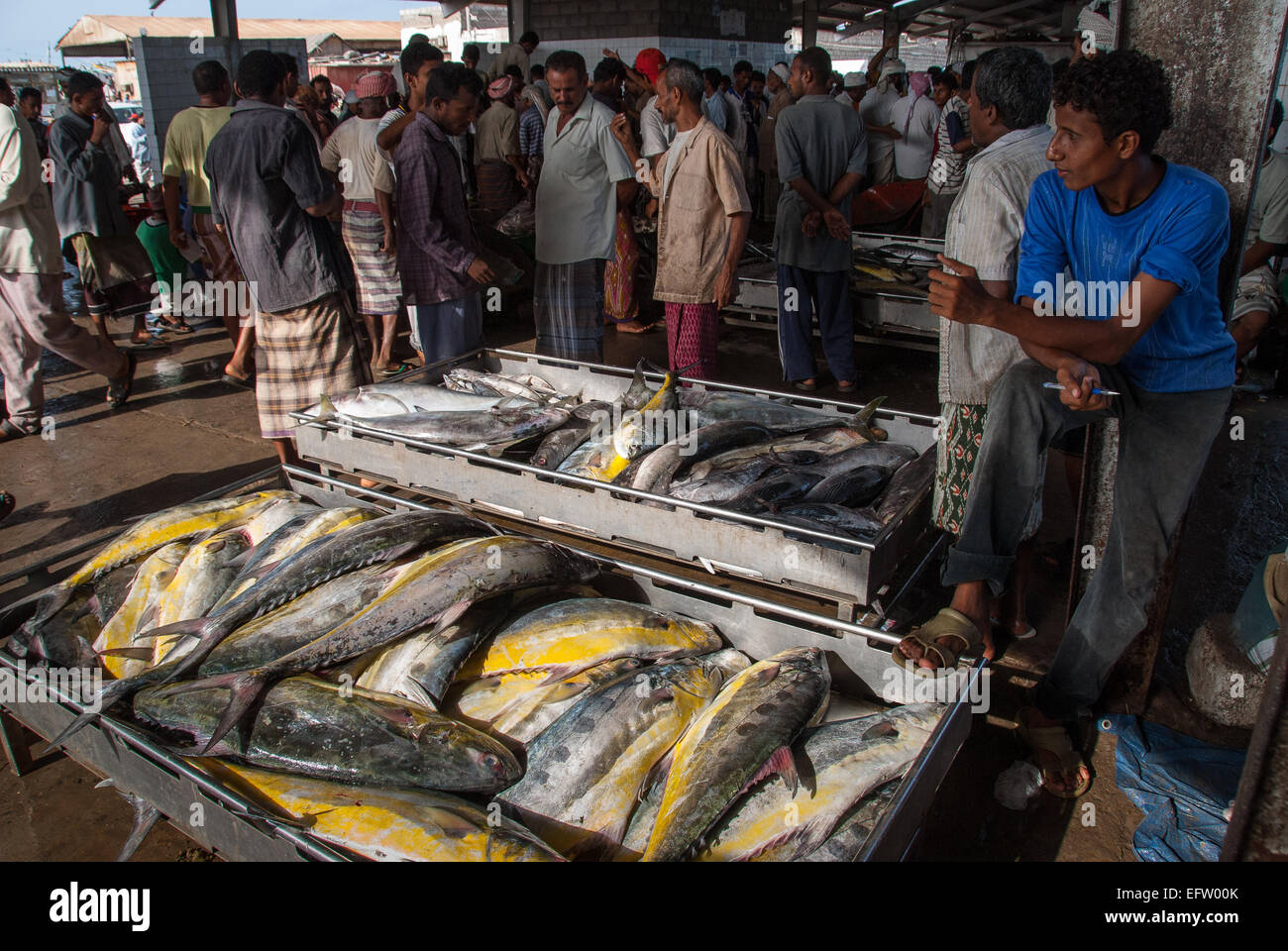 Un uomo non identificato vende pesce nel famoso mercato del pesce della città il 12 maggio 2007 in Al Hudaydah, Yemen. Foto Stock