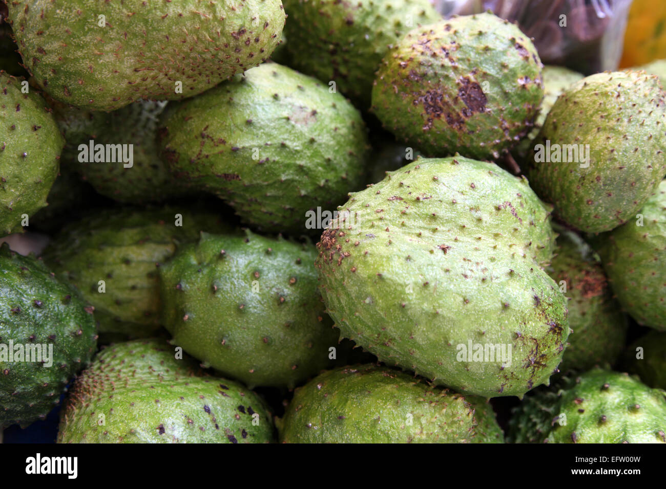 Frutta Soursop impilati in un mercato in stallo i Caraibi Foto Stock