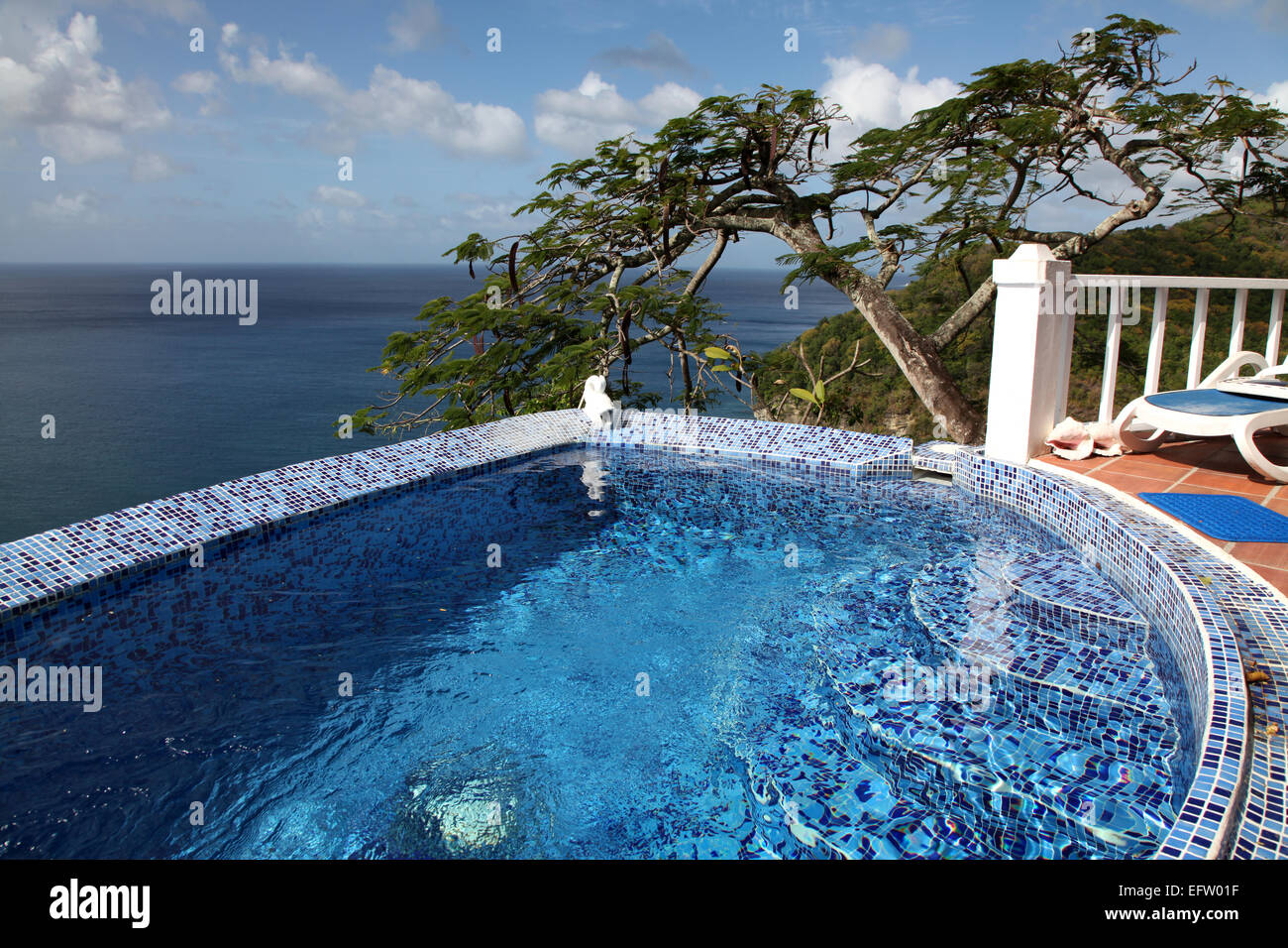Un blu piscina a tuffo e si affaccia su di un albero Flamboyant e l'oceano dei Caraibi Foto Stock