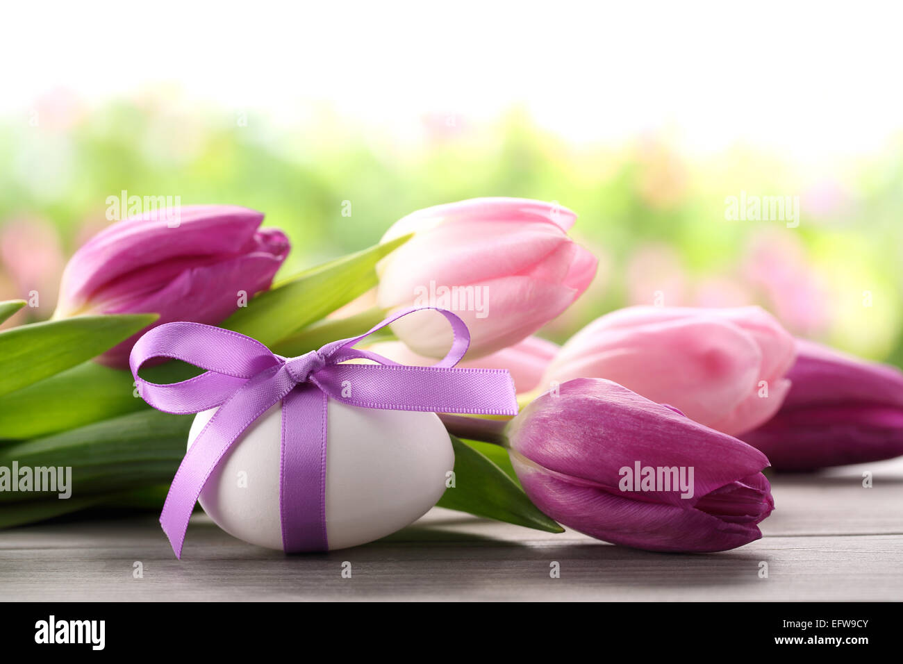 Uovo di Pasqua e tulipani,Closeup. Foto Stock