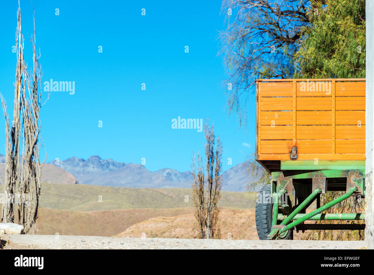 Un verde e arancione carrello in una fattoria vicino a Potosi, Bolivia Foto Stock