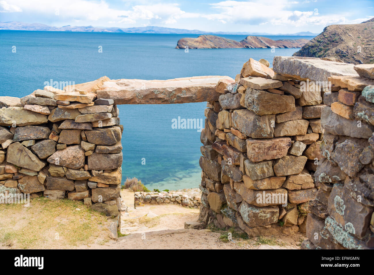 Antiche rovine Inca su Isla del Sol sul lato boliviana del Lago Titicaca Foto Stock