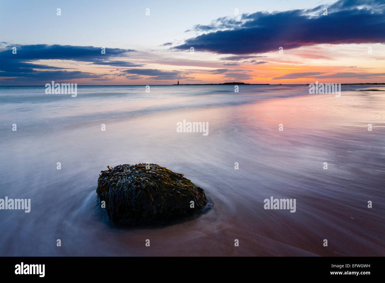 Roccia solitaria in attesa di sunrise, vicino a North Berwick. San Baldred della barca può essere visto in lontananza. Foto Stock