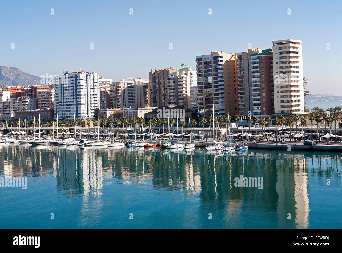 Blocchi di appartamenti e yacht in marina di Muelle Uno sviluppo del porto, città di Malaga, Spagna Foto Stock