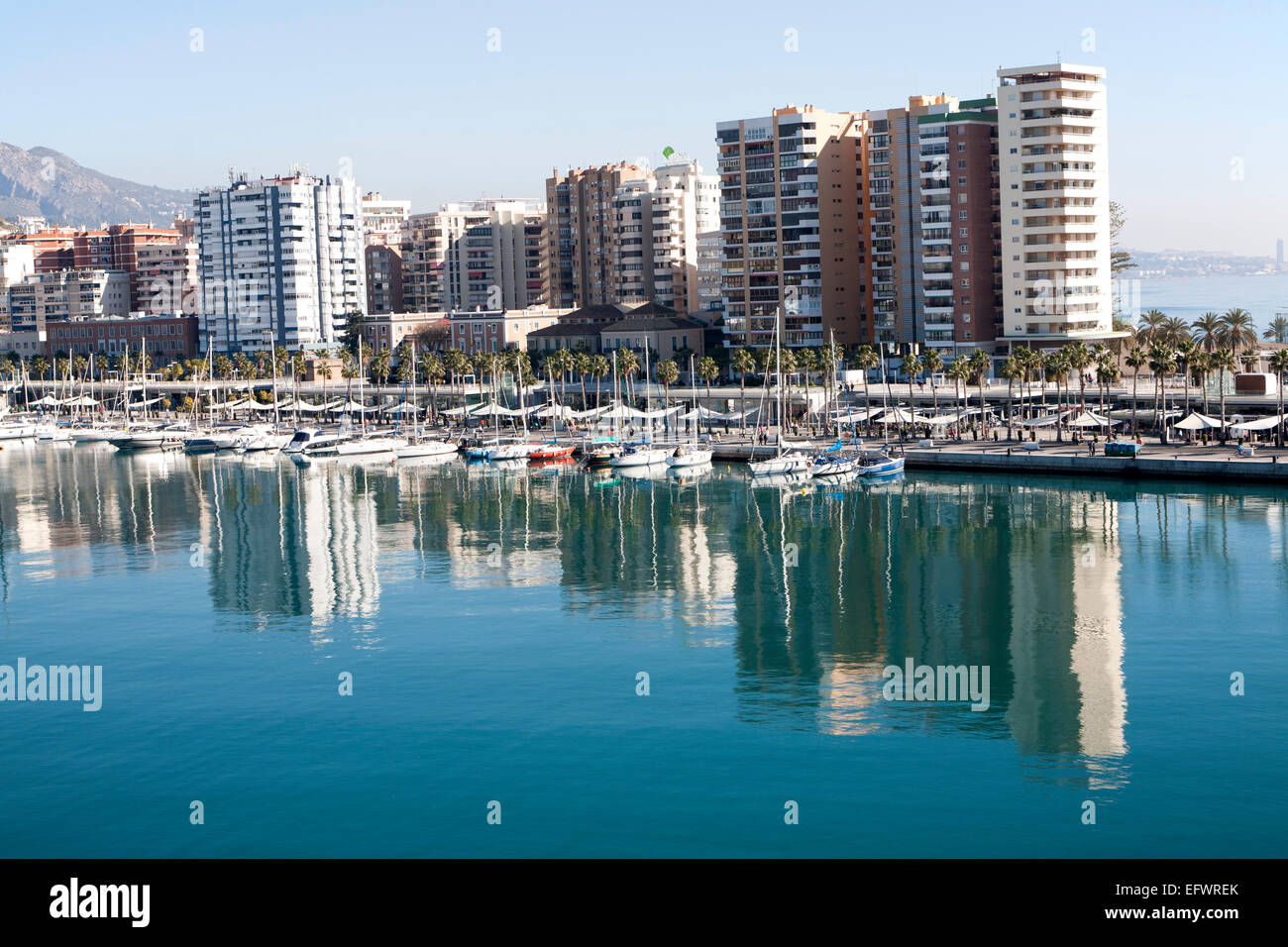 Blocchi di appartamenti e yacht in marina di Muelle Uno sviluppo del porto, città di Malaga, Spagna Foto Stock
