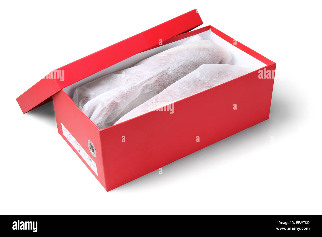 Aprire la scatola con le scarpe in sacche protettive su sfondo bianco Foto Stock