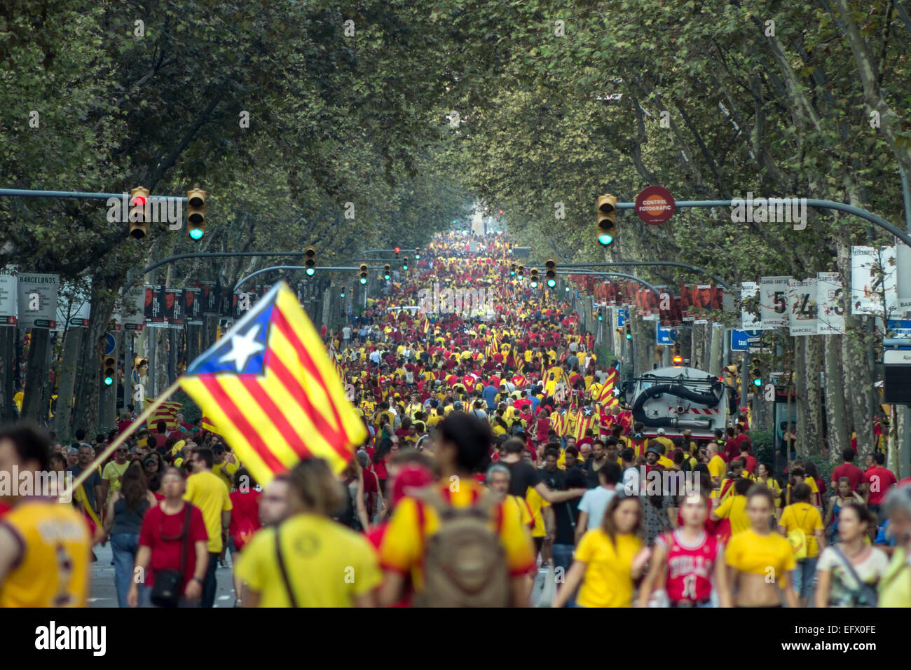 Barcellona, Spagna - sept. 11: la gente celebra l'indipendenza sulla strada di Barcellona durante la Giornata Nazionale della Catalogna Foto Stock