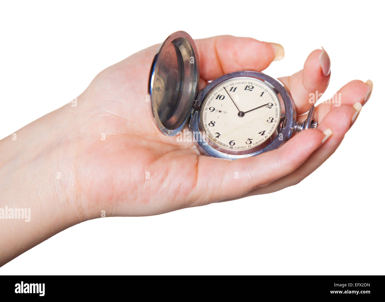Orologio in una mano femminile, isolato sfondo bianco Foto Stock