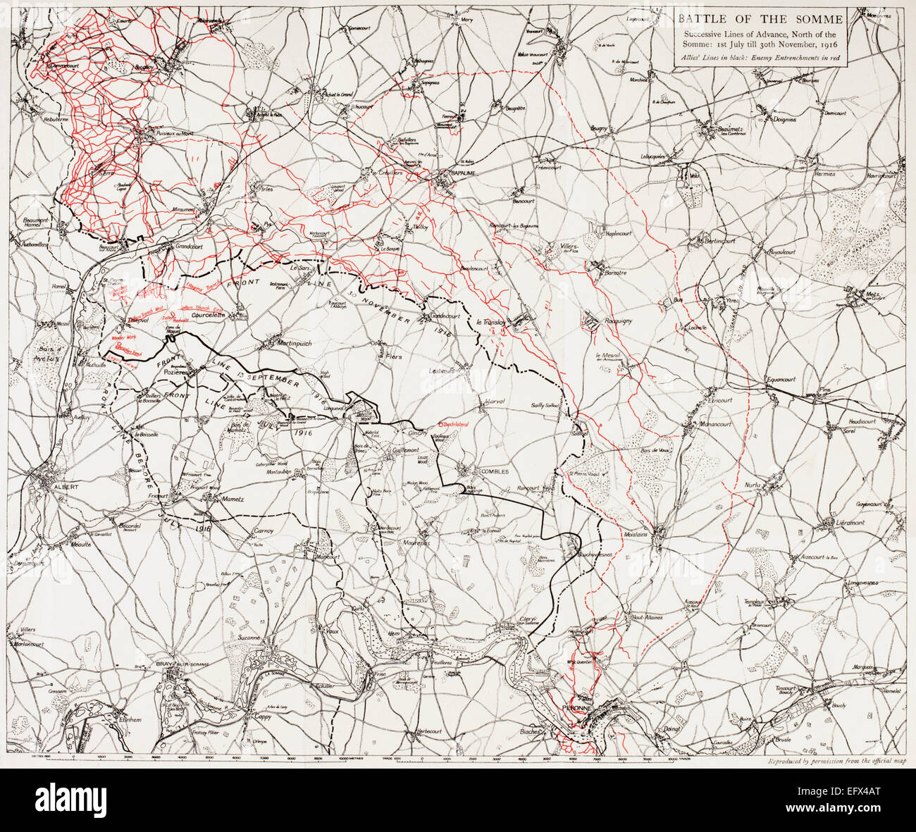 Mappa della battaglia della Somme, o somme offensiva nella Prima Guerra Mondiale. Linee successive del britannico e francese di anticipo sono mostrati in nero, tedesco linee sono mostrate in rosso e appartengono a tutta la battaglia, 1 luglio 1916 al 30 novembre 1916. Foto Stock