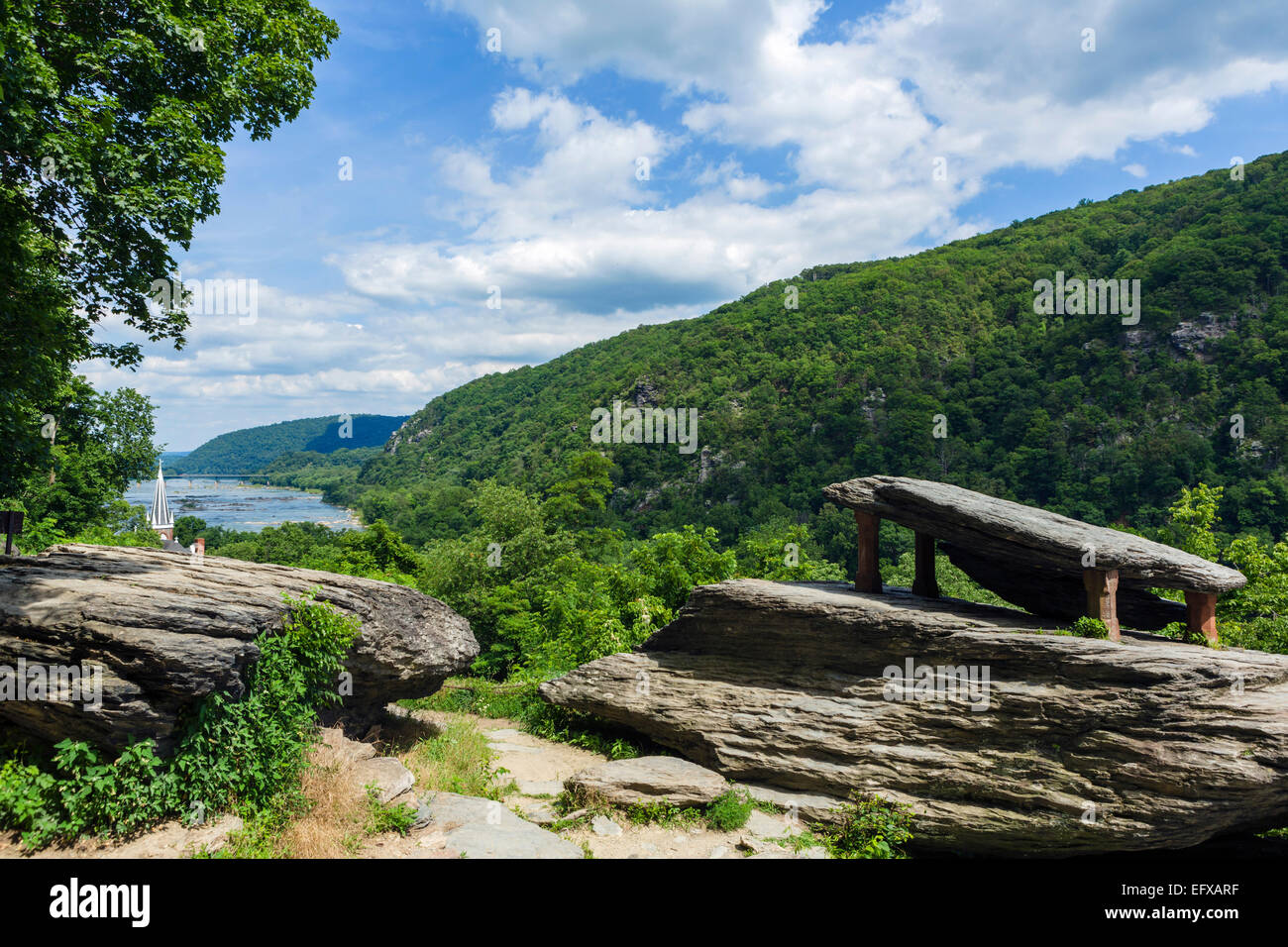 Vista sul Fiume Potomac al Jefferson Rock sulla Appalachian Trail, harpers Ferry National Historic Park, West Virginia, USA Foto Stock