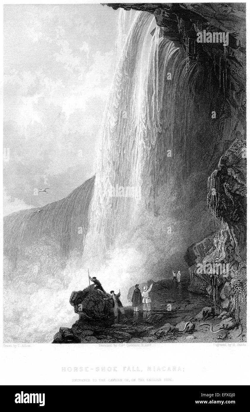 Incisione di Horse Shoe Fall, Niagara; ingresso alla Caverna di, sul lato inglese scansionato da un libro stampato nel 1845. Creduto esente da copyright. Foto Stock