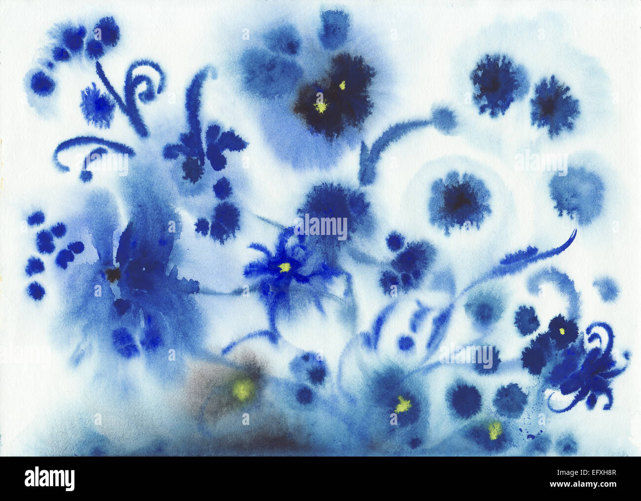 Acquerello originale pittura astratto del blu umido fiori ad acquerello Foto Stock