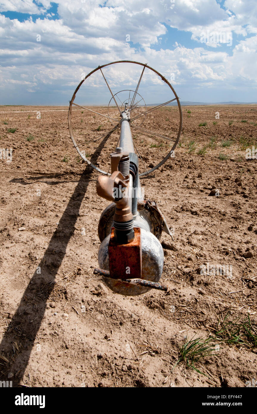 Ruota di sprinkler in linea secco campo incolto in sud-Idaho centrale Foto Stock