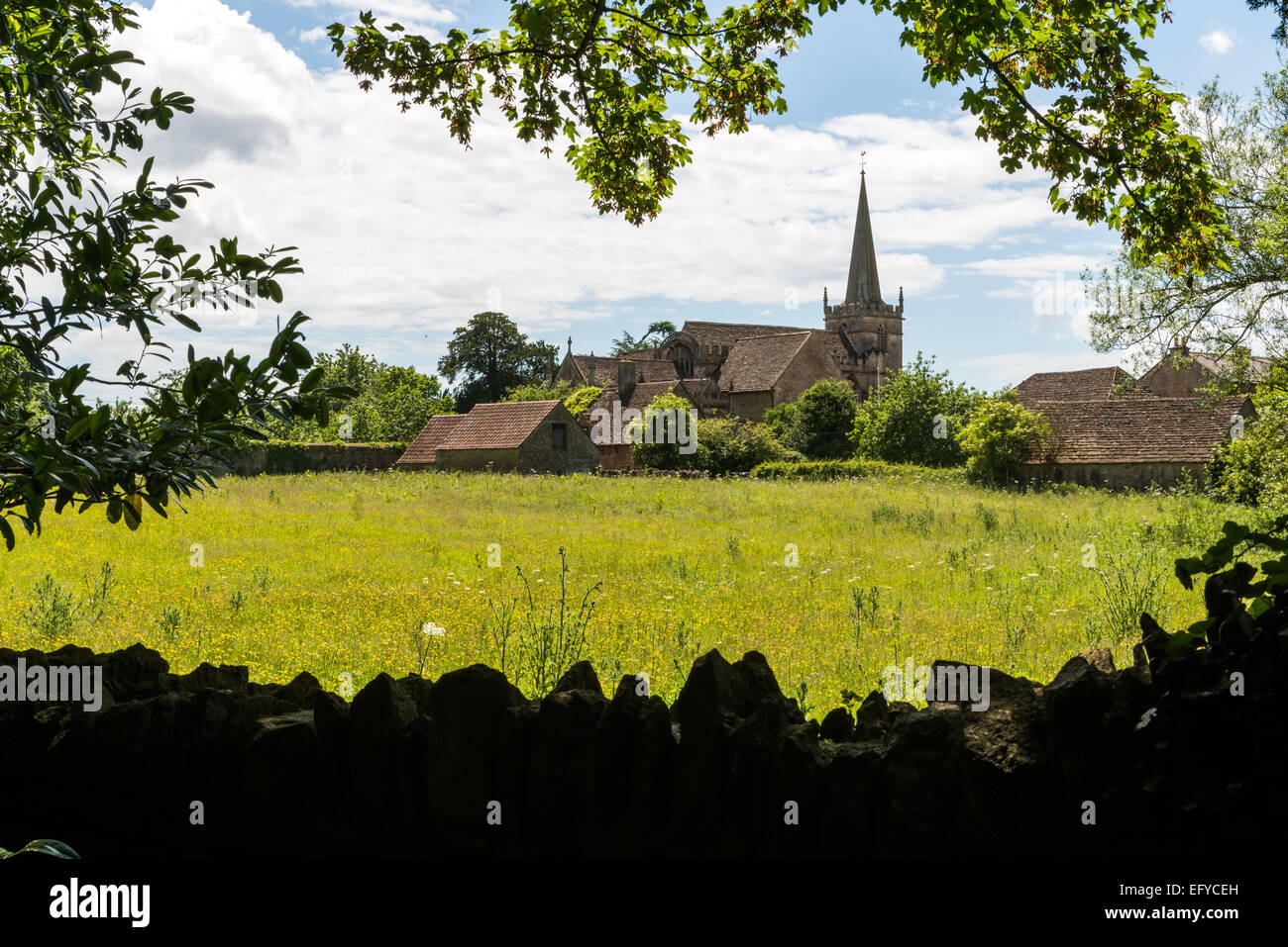 La vista su un prato, alla chiesa di San Ciriaco, Lacock, Wiltshire, Inghilterra Foto Stock