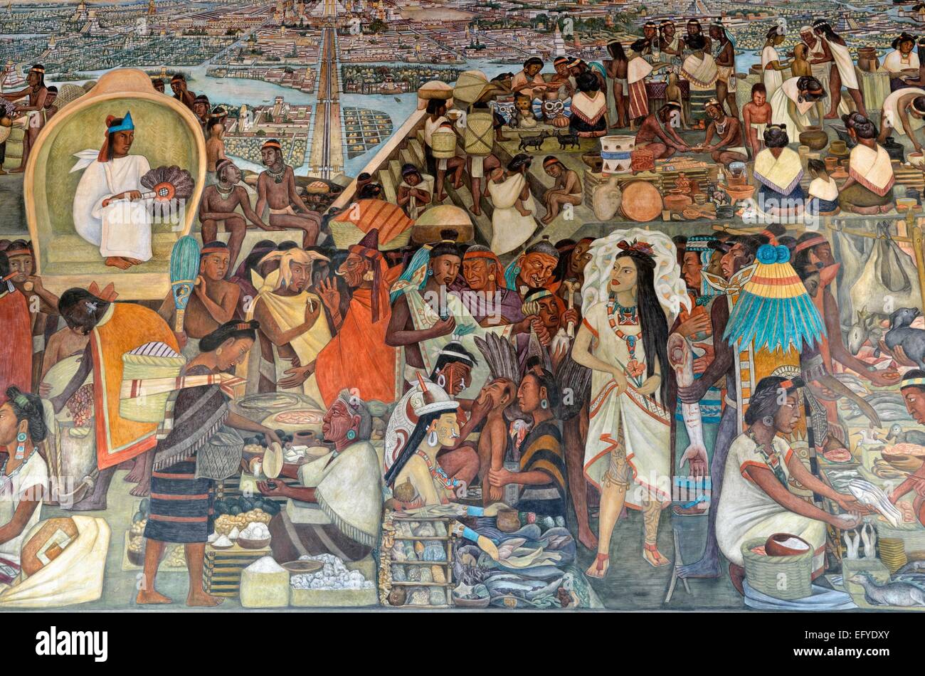 Scena di mercato, colorati dipinti ad affresco di Diego Rivera sulla scala del Palacio Nacional, Palazzo Nazionale, Zoccalo Foto Stock