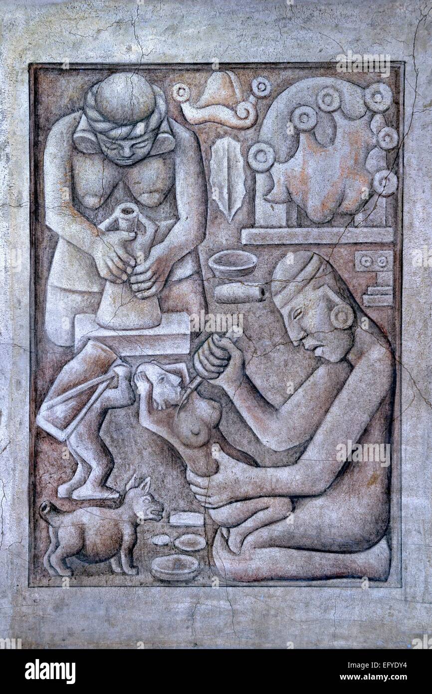 Atelier di scultura, Produzione di sculture, affresco monocromo dipinto da Diego Rivera sotto i portici del Palacio Nacional Foto Stock