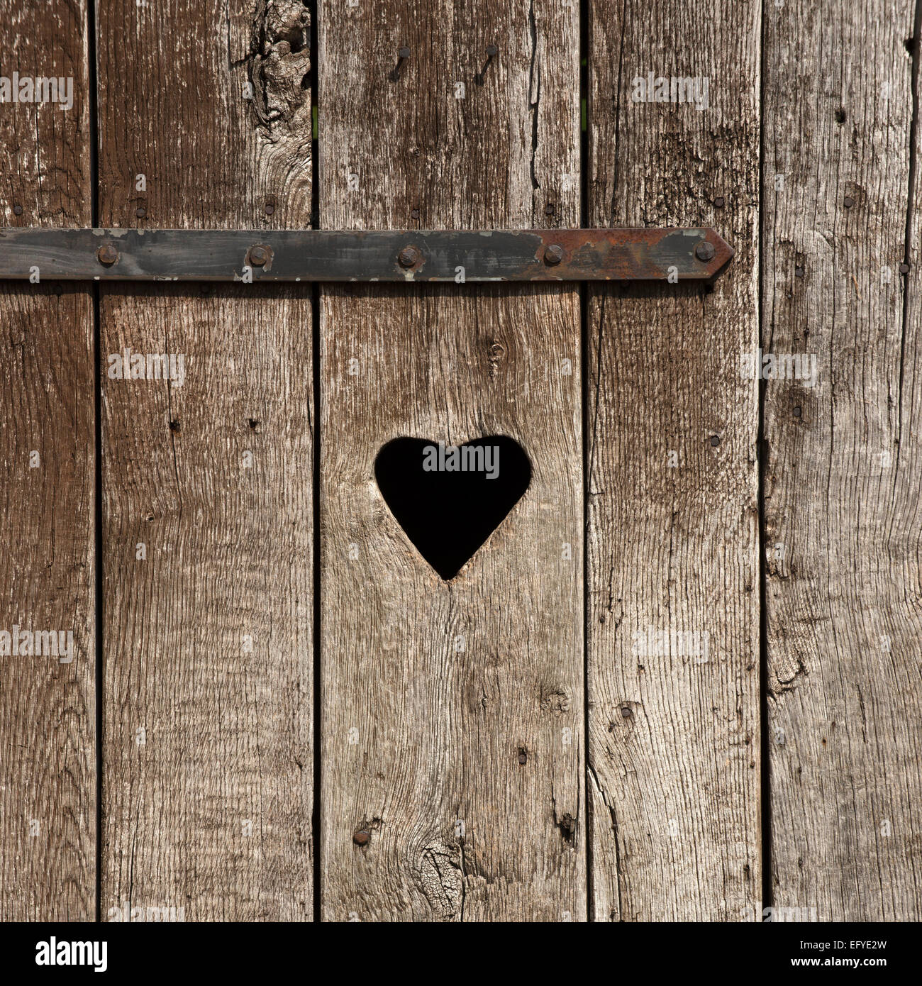 Weathered porta di legno con un cuore, toilette esterna Foto Stock