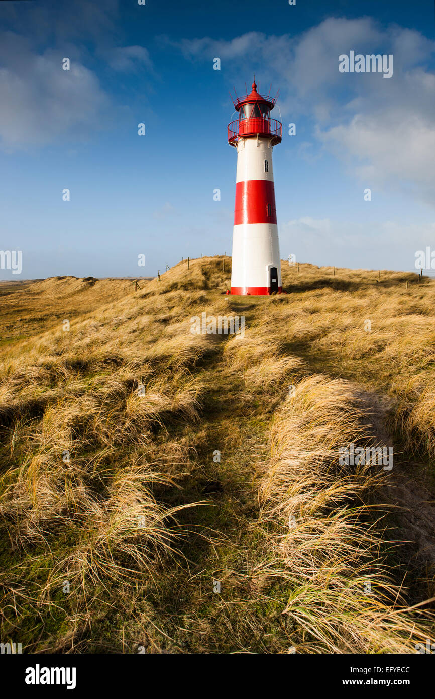 Il rosso e bianco faro di elenco Ost sulla penisola di Ellenbogen, elenco, Sylt, Frisia settentrionale, Schleswig-Holstein, Germania Foto Stock