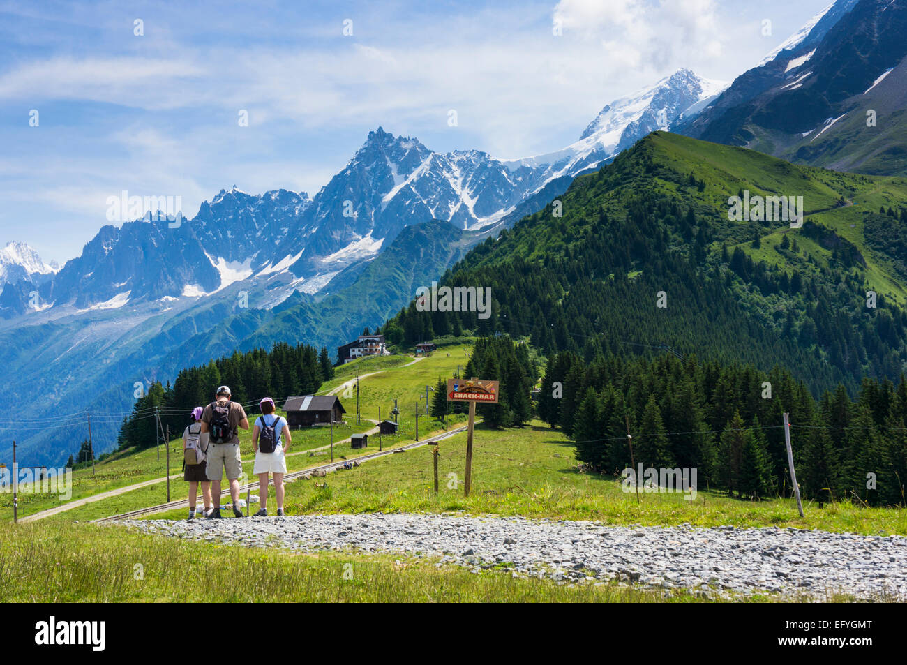 Walkers escursionismo a piedi a Bellevue sopra Les Houches con l'Aiguille du Midi dietro, Valle di Chamonix, sulle Alpi francesi, in Francia, in Europa in estate Foto Stock